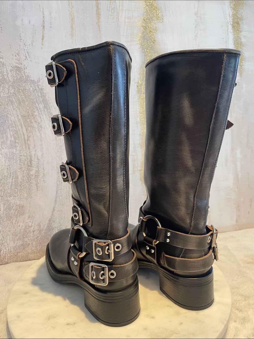Steve Madden - Rocky Distressed Leather Buckle Hardware Tall Moto Engineer Boots - Picture 3 of 12